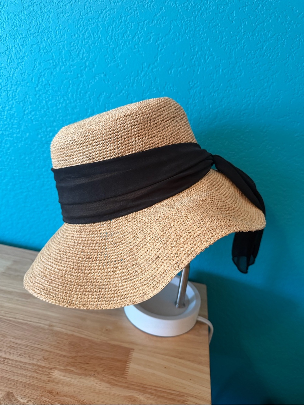 Scala Wide-Brim Straw Sun Hat with Black Scarf Accent - Picture 5 of 11